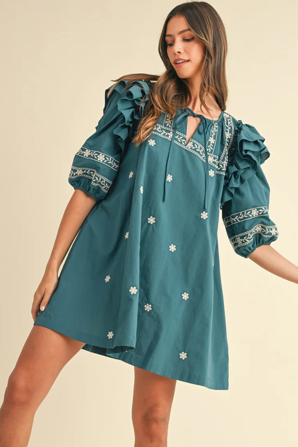 Skobeloff Boho Floral Puff Sleeve Tie Neck Mini Dress - MAD RUFFI