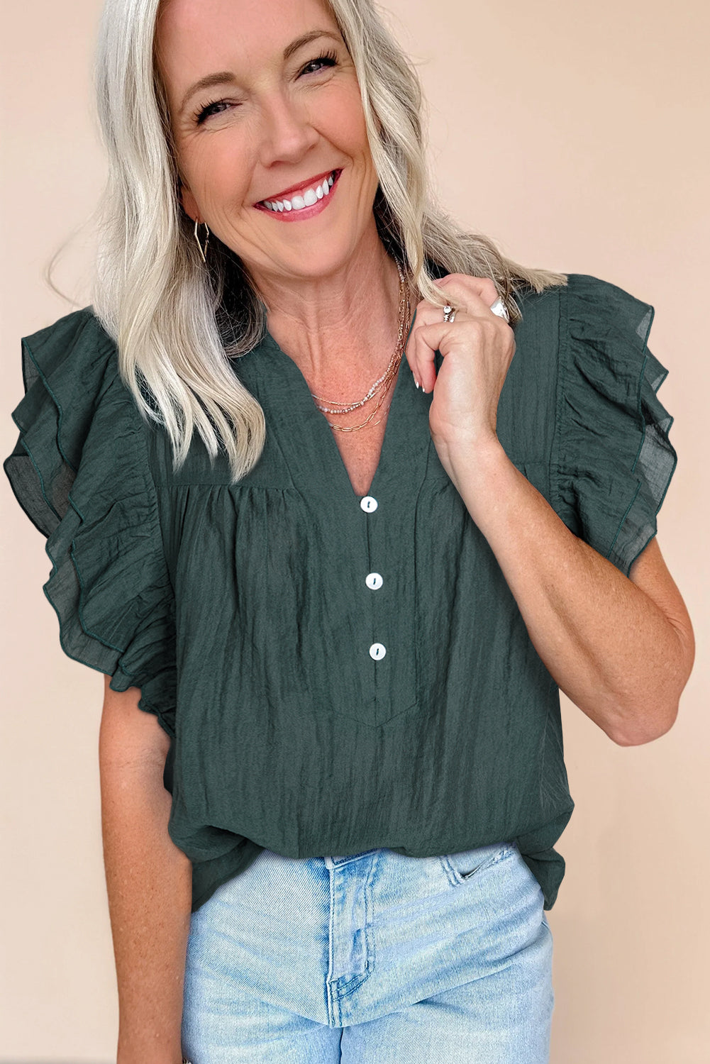 Skobeloff Buttoned V Neck Ruffle Short Sleeve Blouse - MAD RUFFI