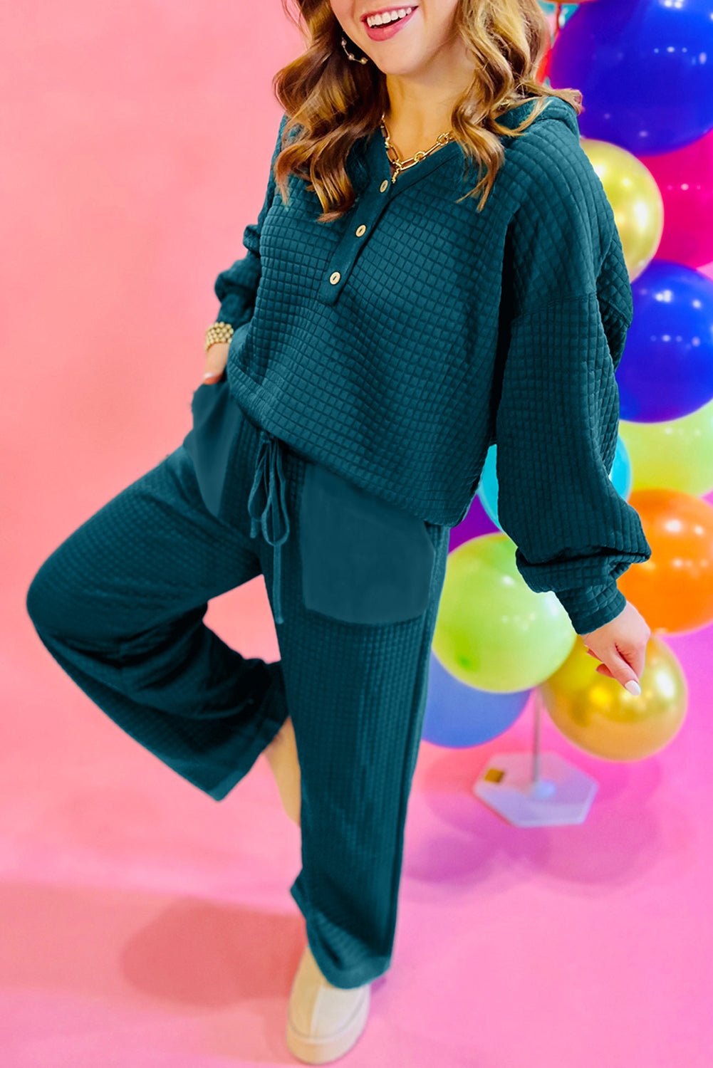 Skobeloff Checkered Texture Hooded Top and Loose Pants Set - MAD RUFFI