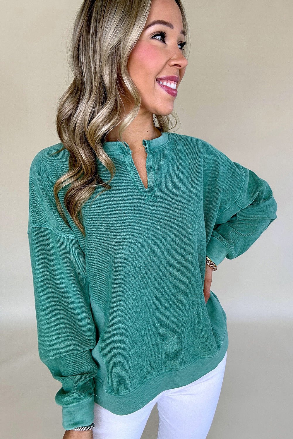 Skobeloff Notched Neck Exposed Seam Drop Shoulder Sweatshirt - MAD RUFFI