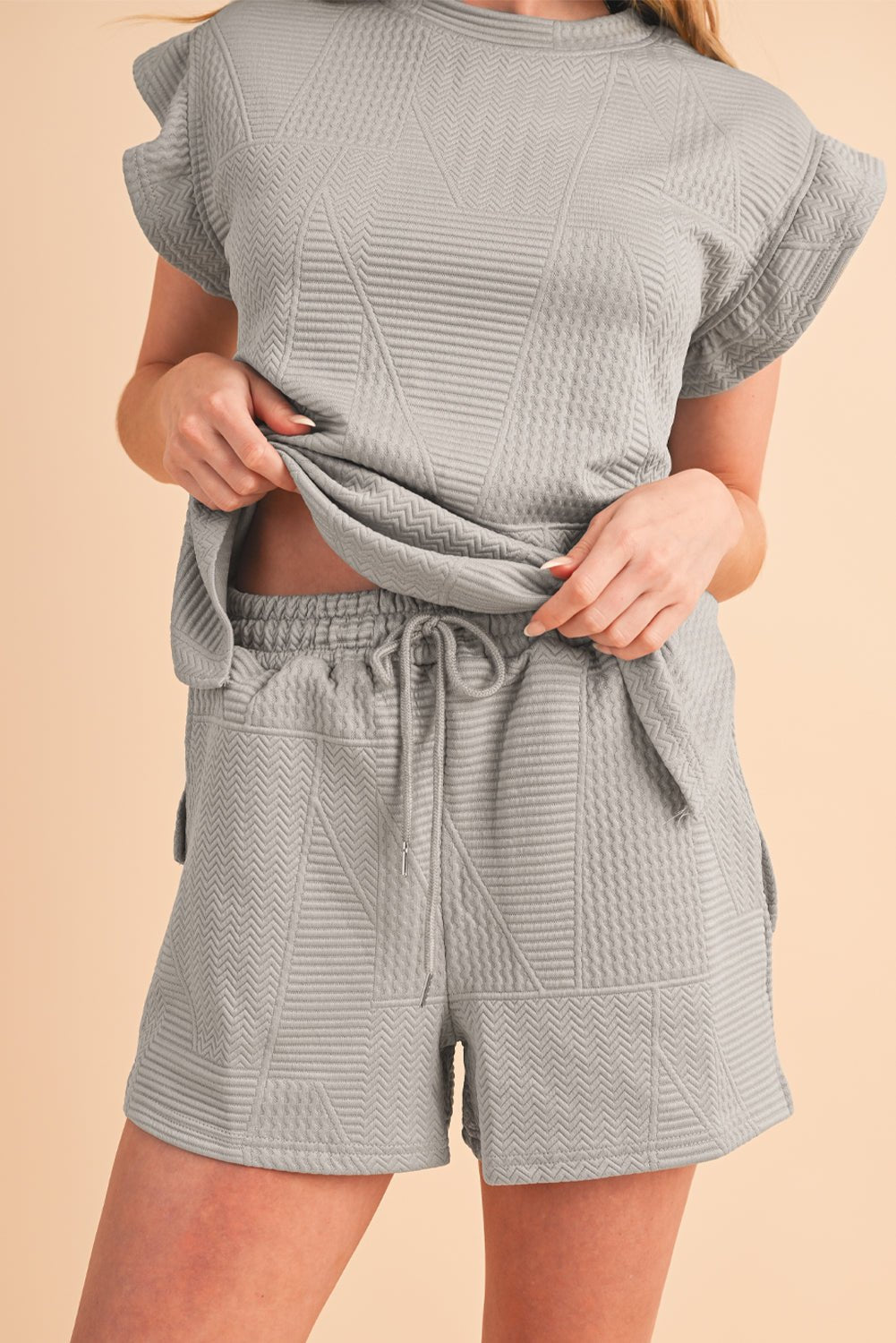 Skobeloff Textured Ruffle Split Top and Drawstring Shorts Set - MAD RUFFI