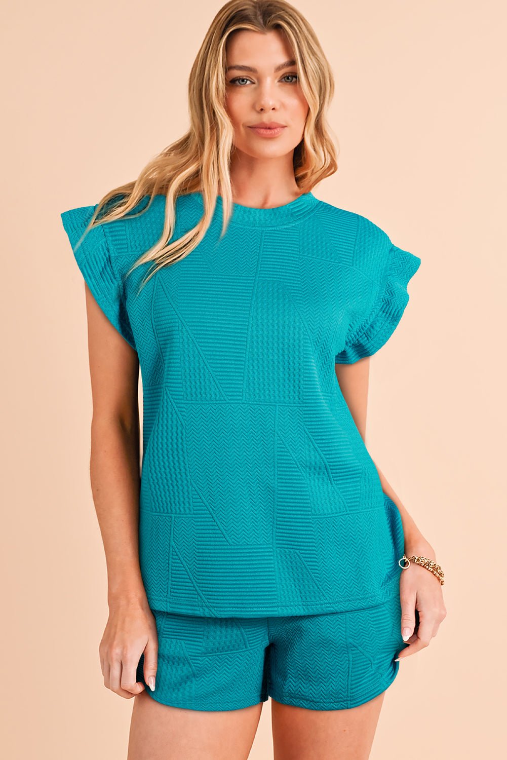 Skobeloff Textured Ruffle Split Top and Drawstring Shorts Set - MAD RUFFI