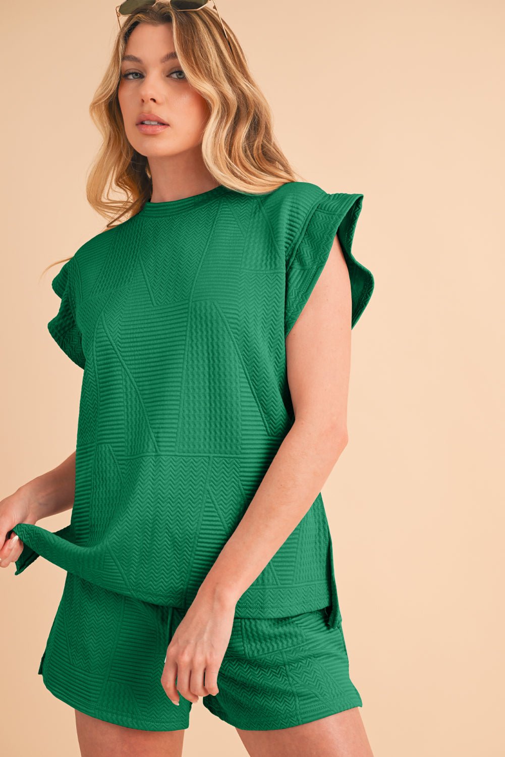 Skobeloff Textured Ruffle Split Top and Drawstring Shorts Set - MAD RUFFI