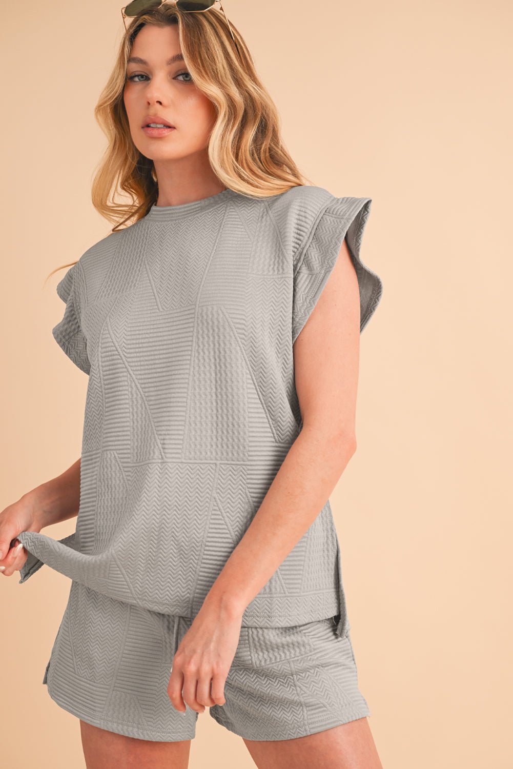 Skobeloff Textured Ruffle Split Top and Drawstring Shorts Set - MAD RUFFI