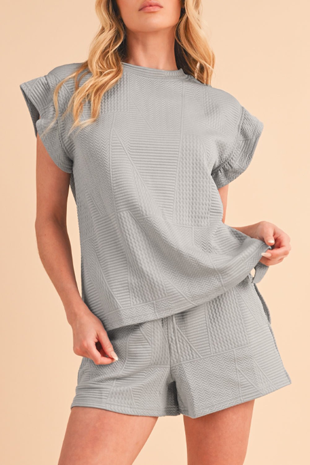 Skobeloff Textured Ruffle Split Top and Drawstring Shorts Set - MAD RUFFI