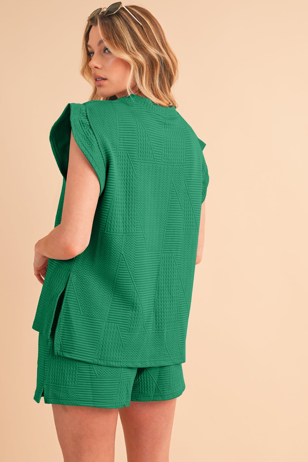 Skobeloff Textured Ruffle Split Top and Drawstring Shorts Set - MAD RUFFI