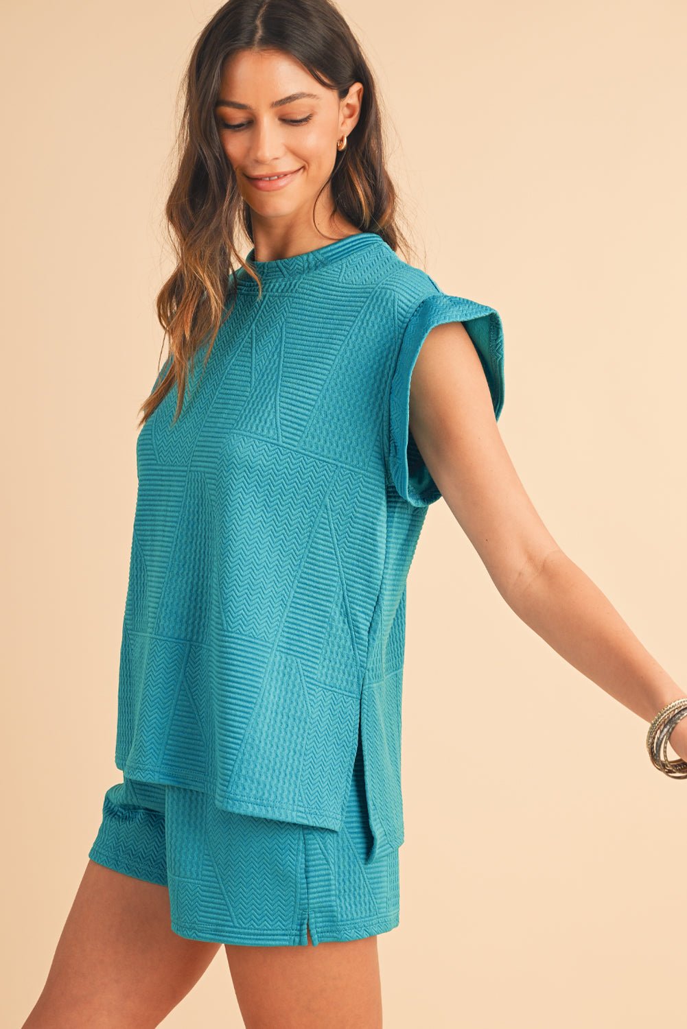 Skobeloff Textured Ruffle Split Top and Drawstring Shorts Set - MAD RUFFI