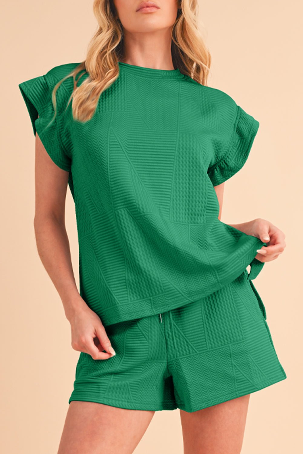 Skobeloff Textured Ruffle Split Top and Drawstring Shorts Set - MAD RUFFI