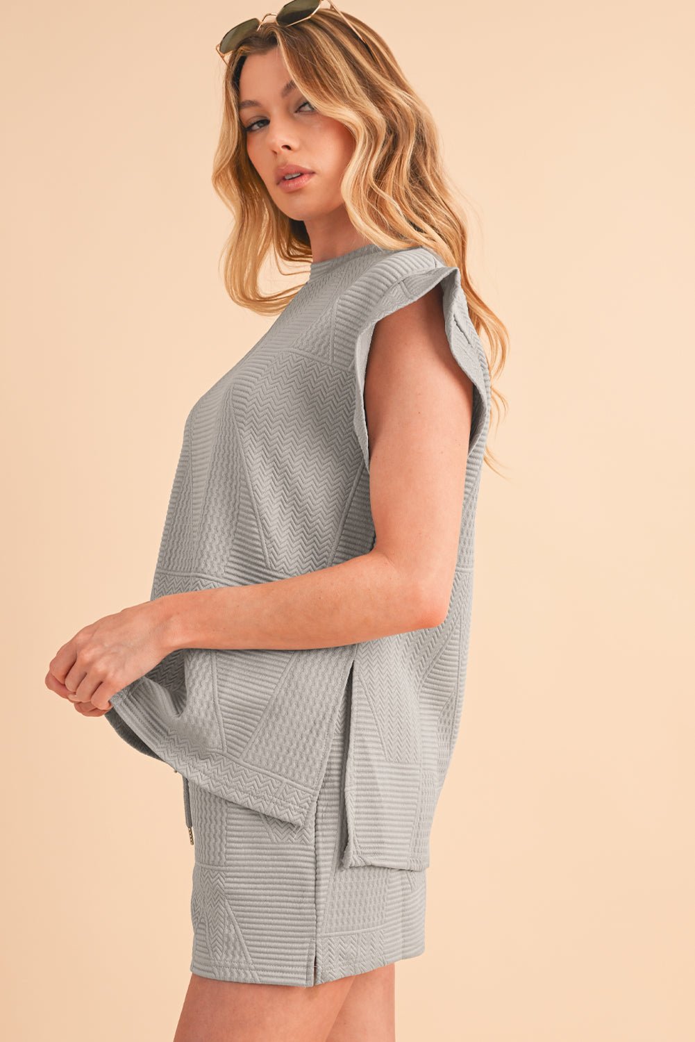 Skobeloff Textured Ruffle Split Top and Drawstring Shorts Set - MAD RUFFI