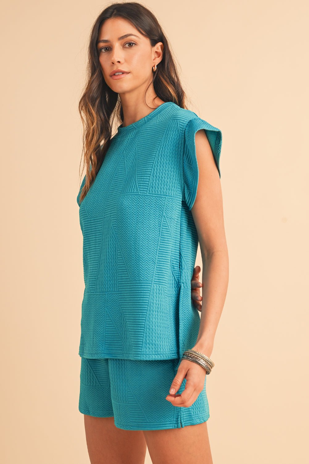 Skobeloff Textured Ruffle Split Top and Drawstring Shorts Set - MAD RUFFI