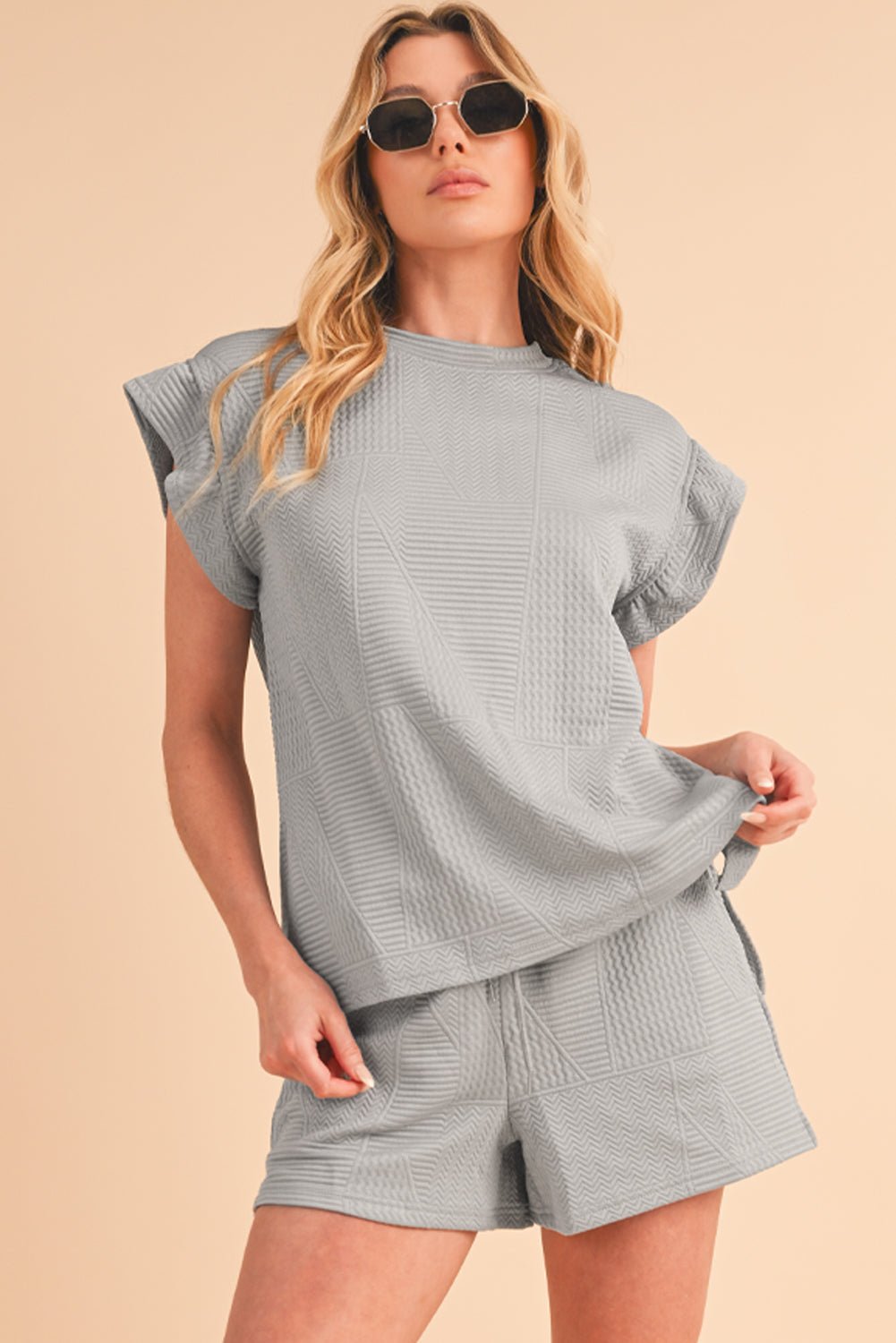 Skobeloff Textured Ruffle Split Top and Drawstring Shorts Set - MAD RUFFI