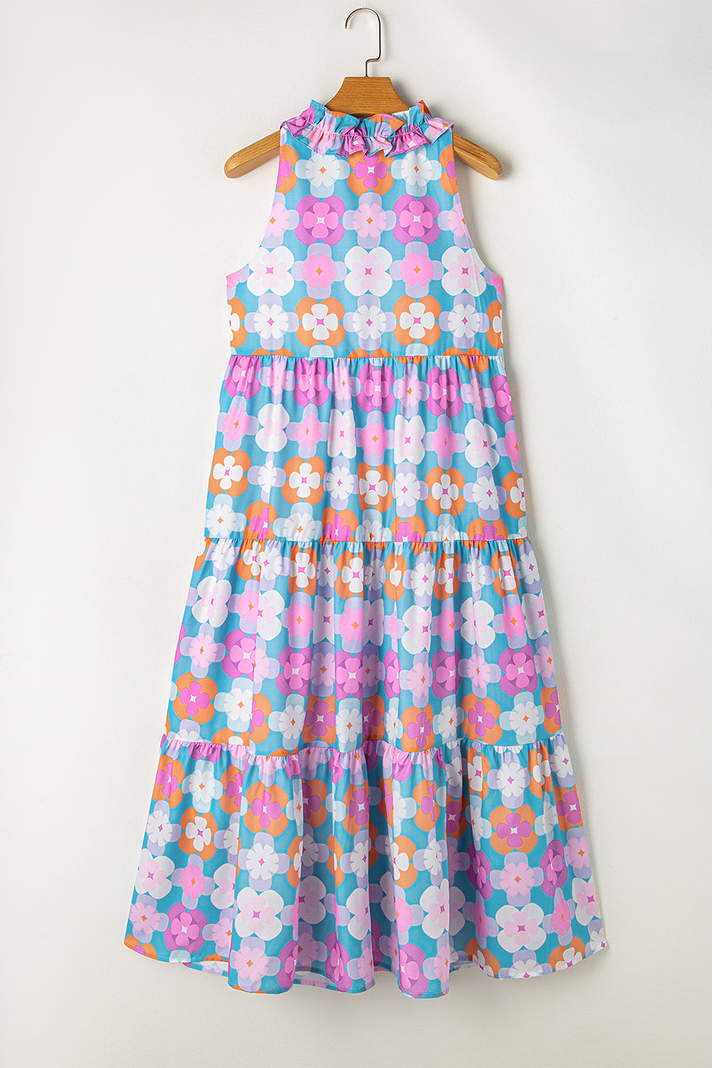 Sky Blue 60s Flower Split Neck Sleeveless Tiered Maxi Dress - MAD RUFFI