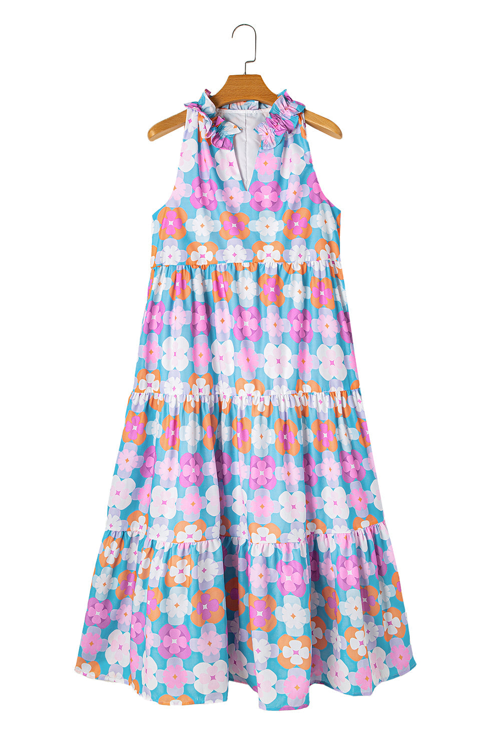 Sky Blue 60s Flower Split Neck Sleeveless Tiered Maxi Dress - MAD RUFFI