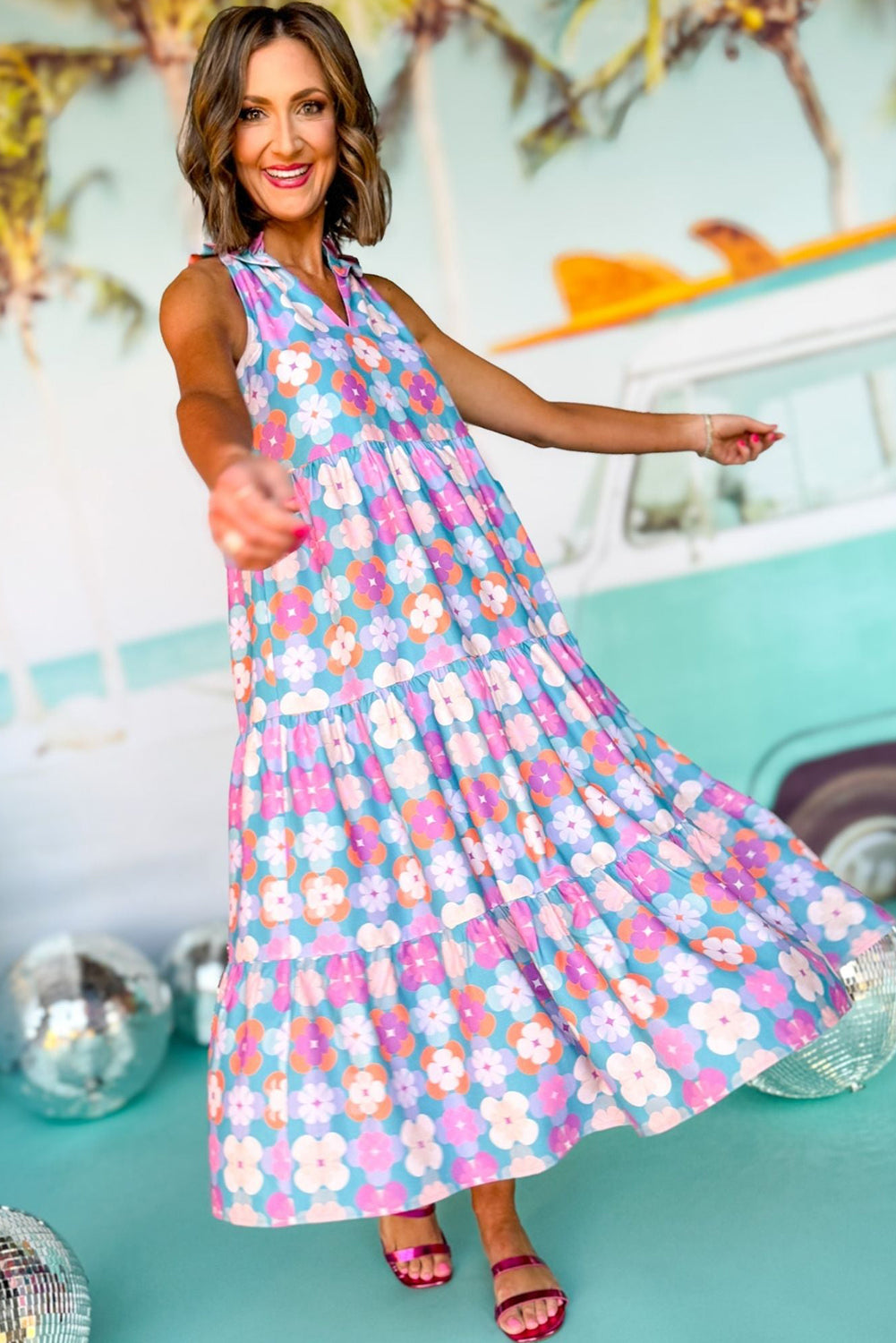 Sky Blue 60s Flower Split Neck Sleeveless Tiered Maxi Dress - MAD RUFFI