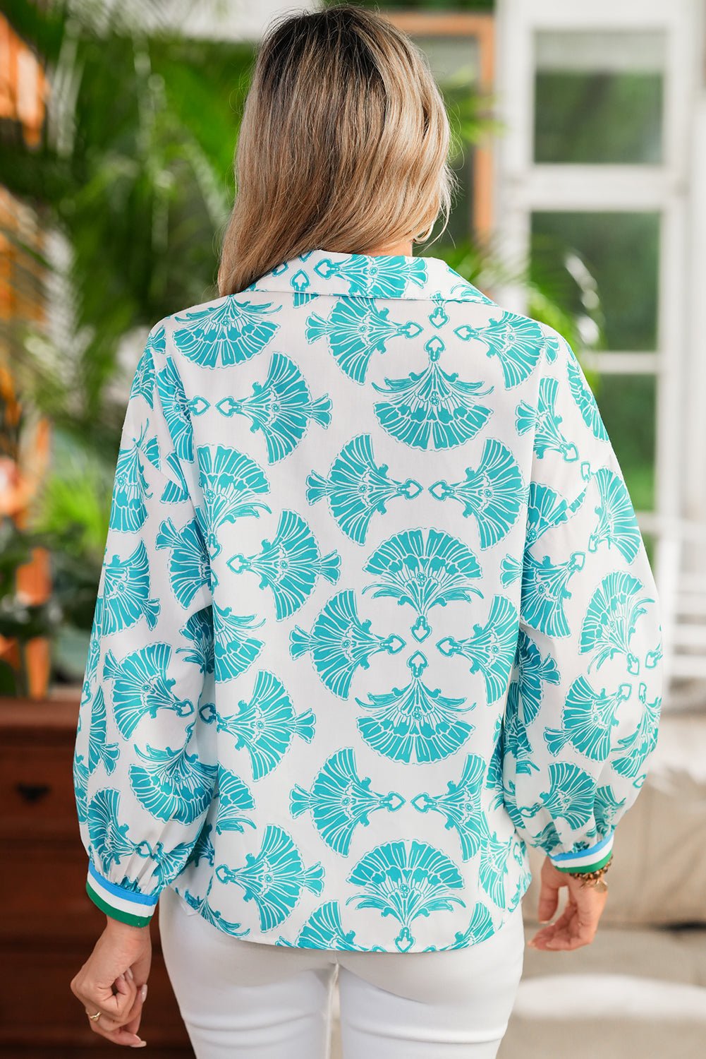 Sky Blue Abstract Print Bubble Sleeve Pop of Color Neck Blouse - MAD RUFFI