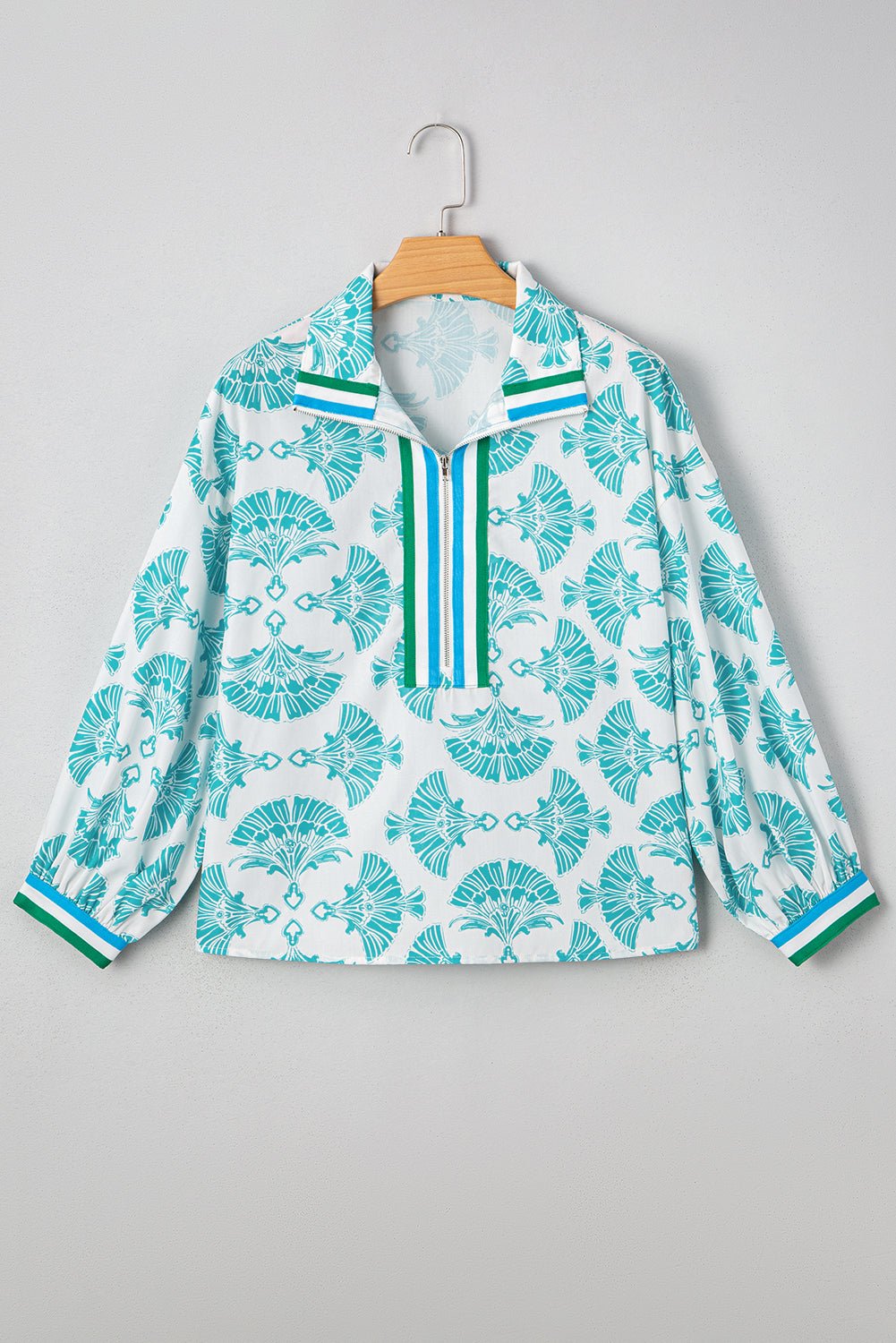 Sky Blue Abstract Print Bubble Sleeve Pop of Color Neck Blouse - MAD RUFFI