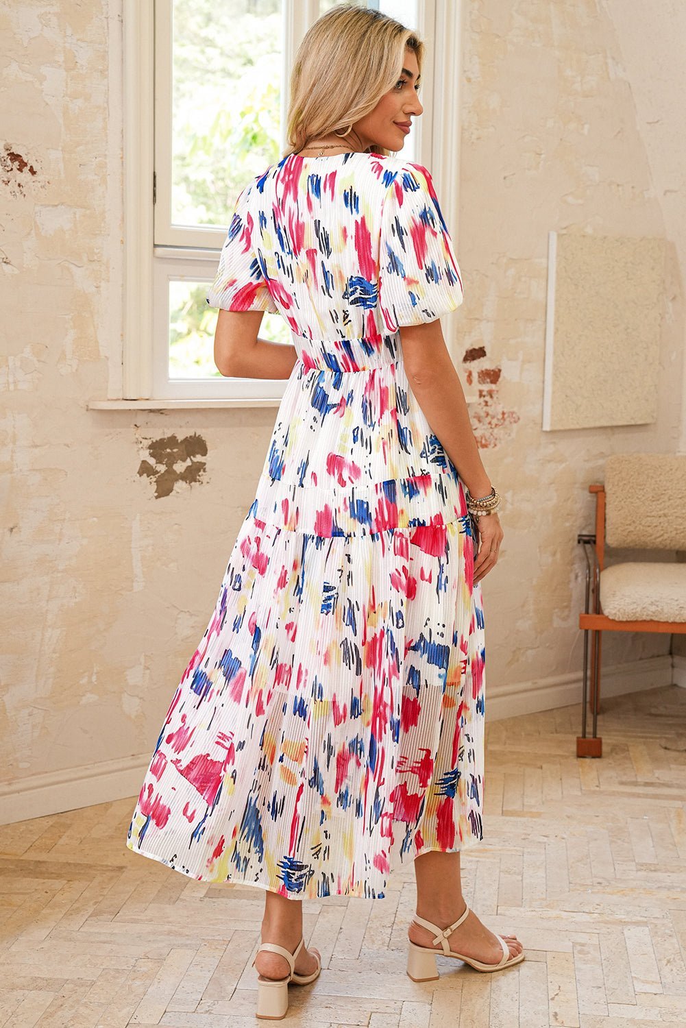 Sky Blue Abstract Print Short Puff Sleeve Tiered Maxi Dress - MAD RUFFI