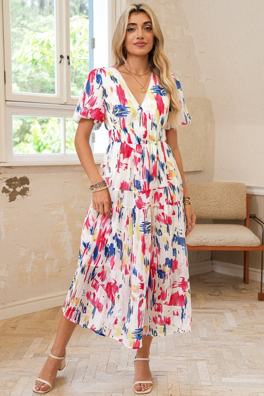 Sky Blue Abstract Print Short Puff Sleeve Tiered Maxi Dress - MAD RUFFI