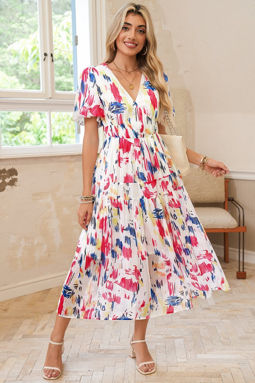 Sky Blue Abstract Print Short Puff Sleeve Tiered Maxi Dress - MAD RUFFI
