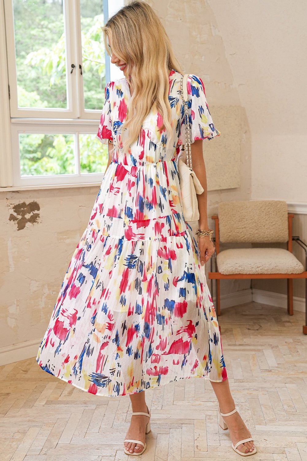 Sky Blue Abstract Print Short Puff Sleeve Tiered Maxi Dress - MAD RUFFI