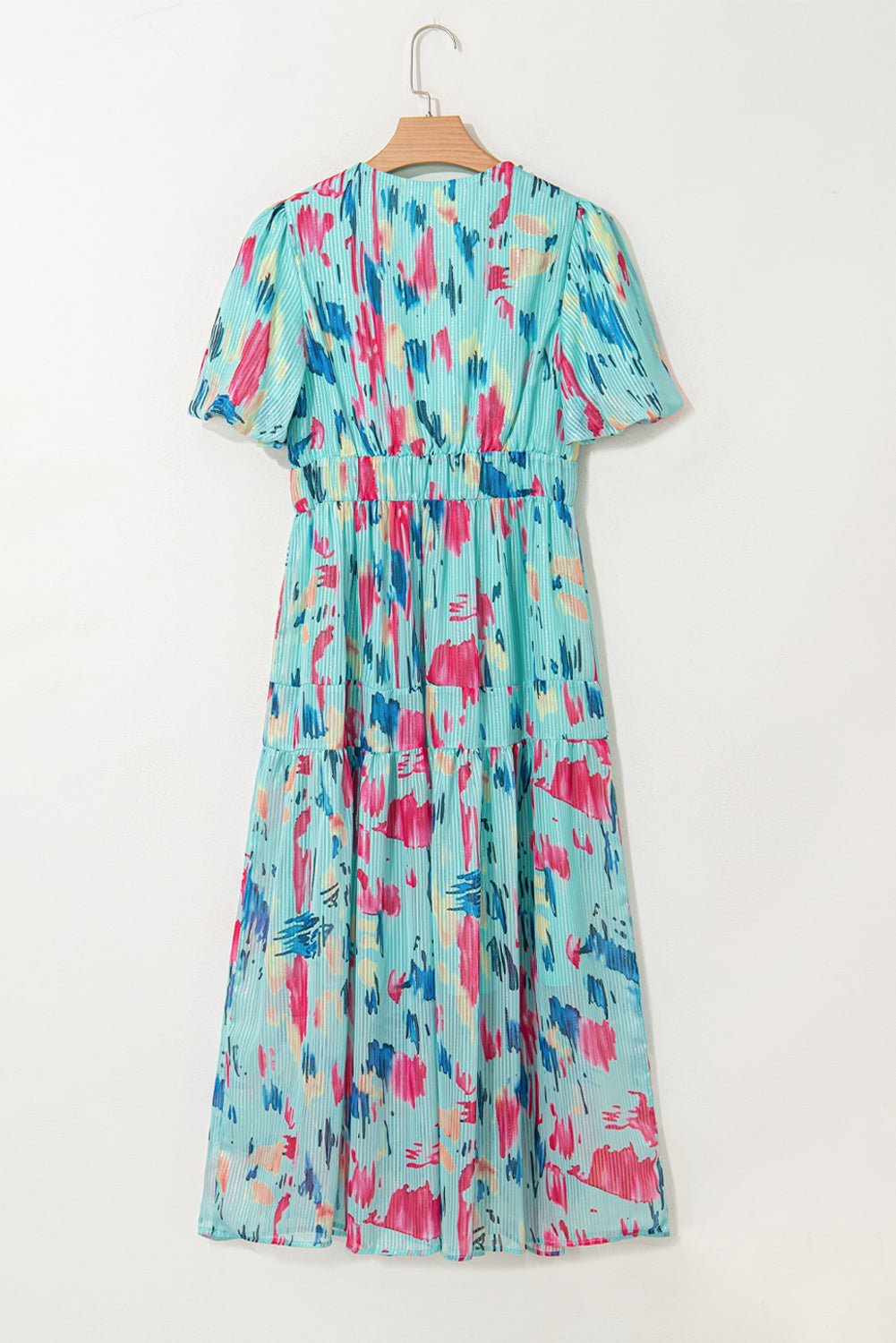 Sky Blue Abstract Print Short Puff Sleeve Tiered Maxi Dress - MAD RUFFI