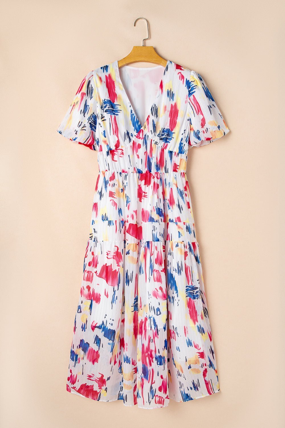 Sky Blue Abstract Print Short Puff Sleeve Tiered Maxi Dress - MAD RUFFI