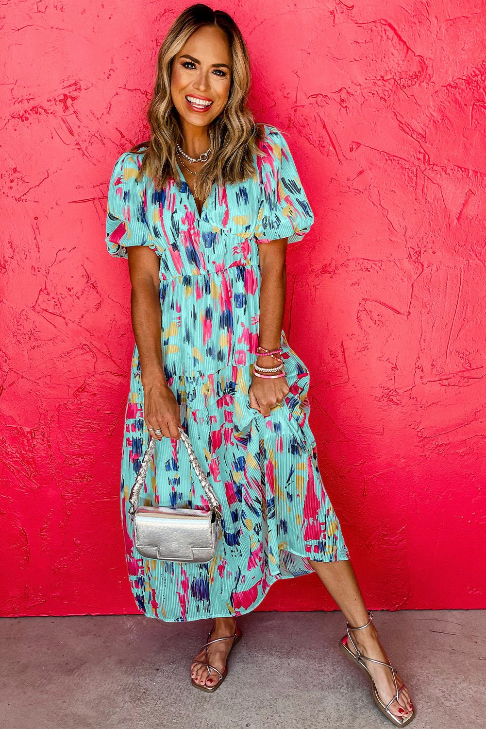Sky Blue Abstract Print Short Puff Sleeve Tiered Maxi Dress - MAD RUFFI