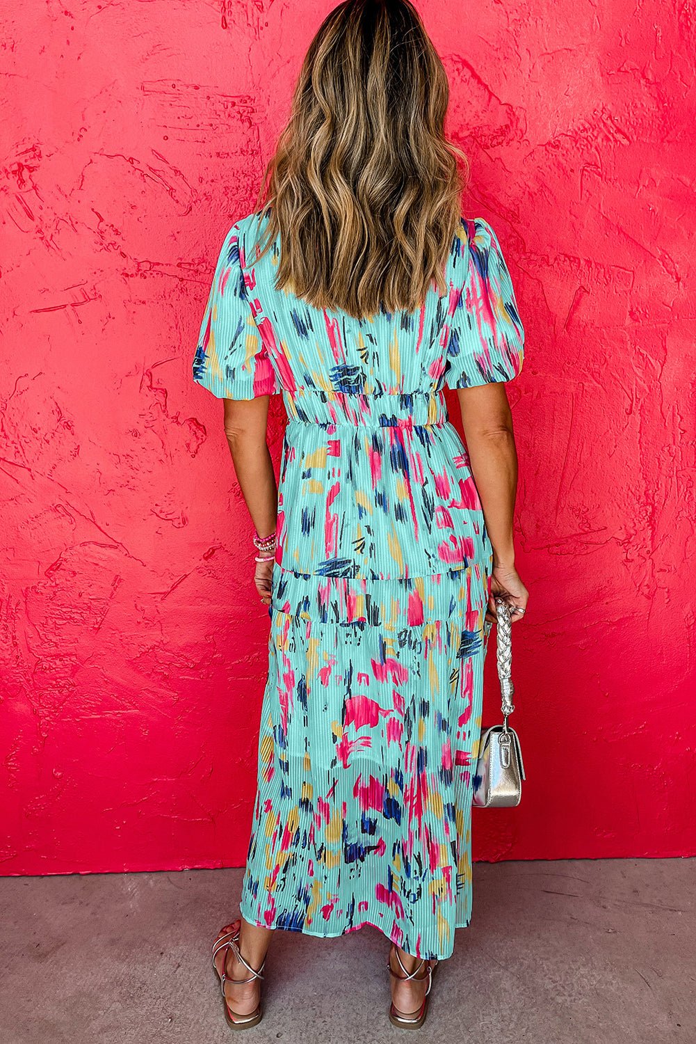 Sky Blue Abstract Print Short Puff Sleeve Tiered Maxi Dress - MAD RUFFI