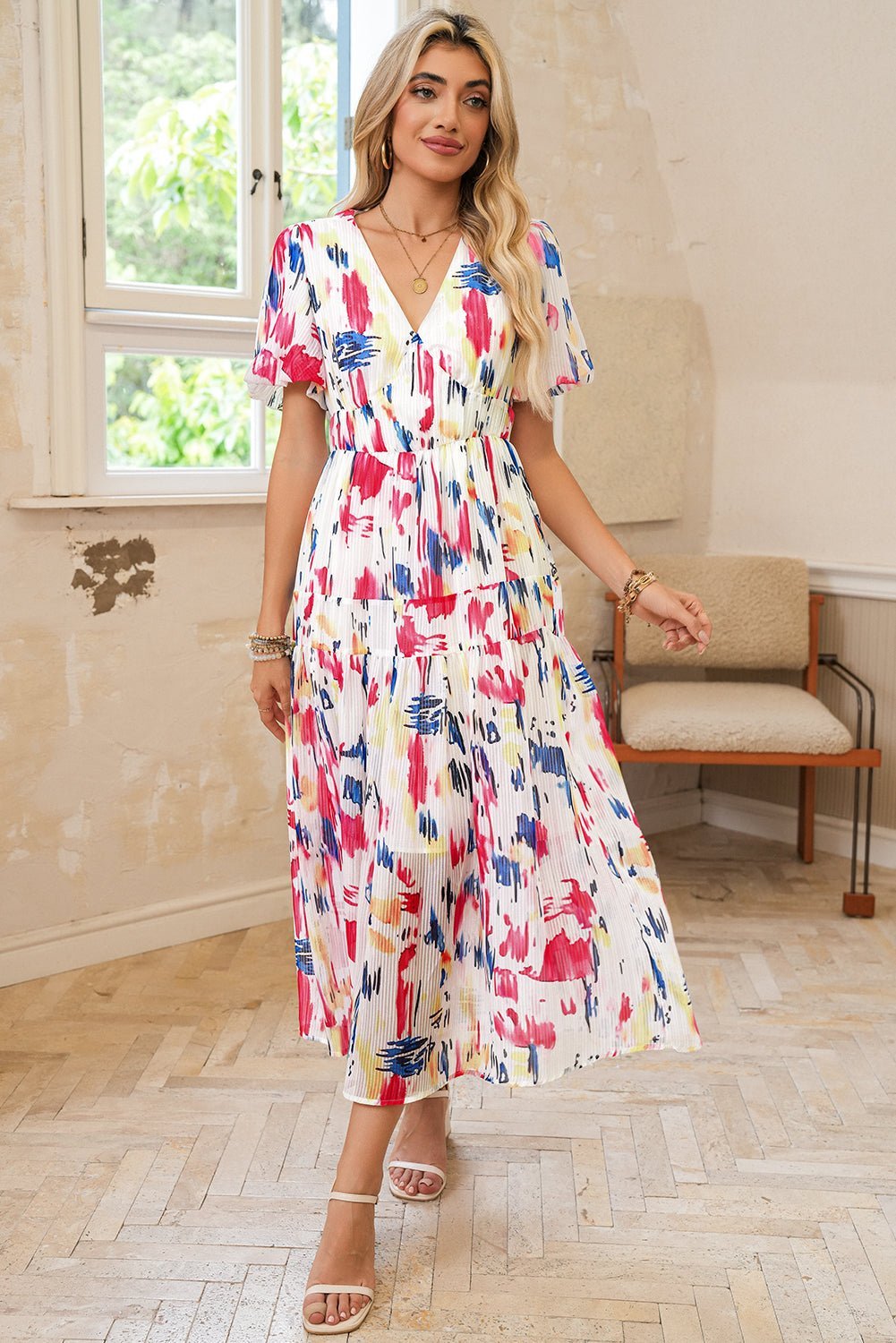 Sky Blue Abstract Print Short Puff Sleeve Tiered Maxi Dress - MAD RUFFI