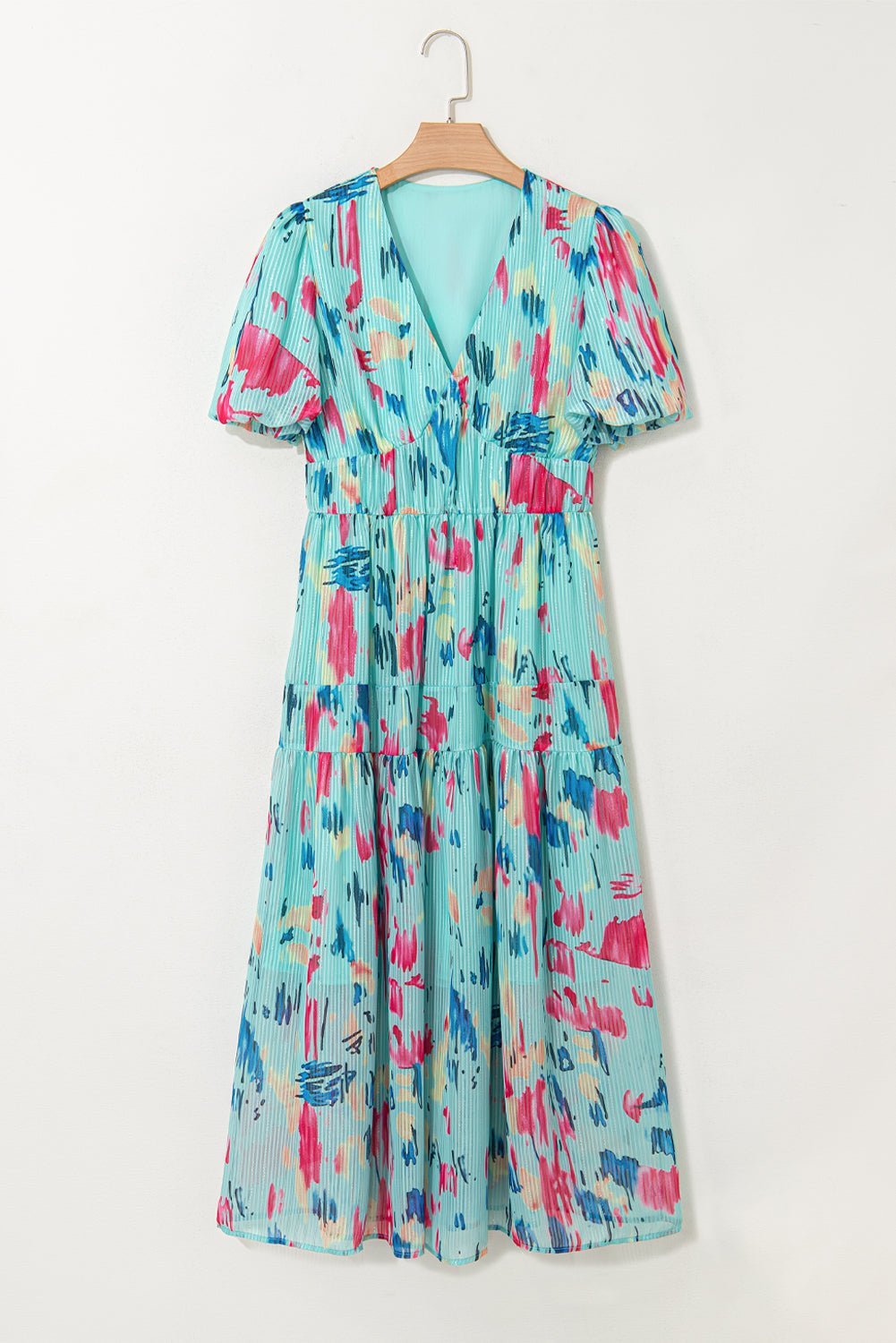 Sky Blue Abstract Print Short Puff Sleeve Tiered Maxi Dress - MAD RUFFI