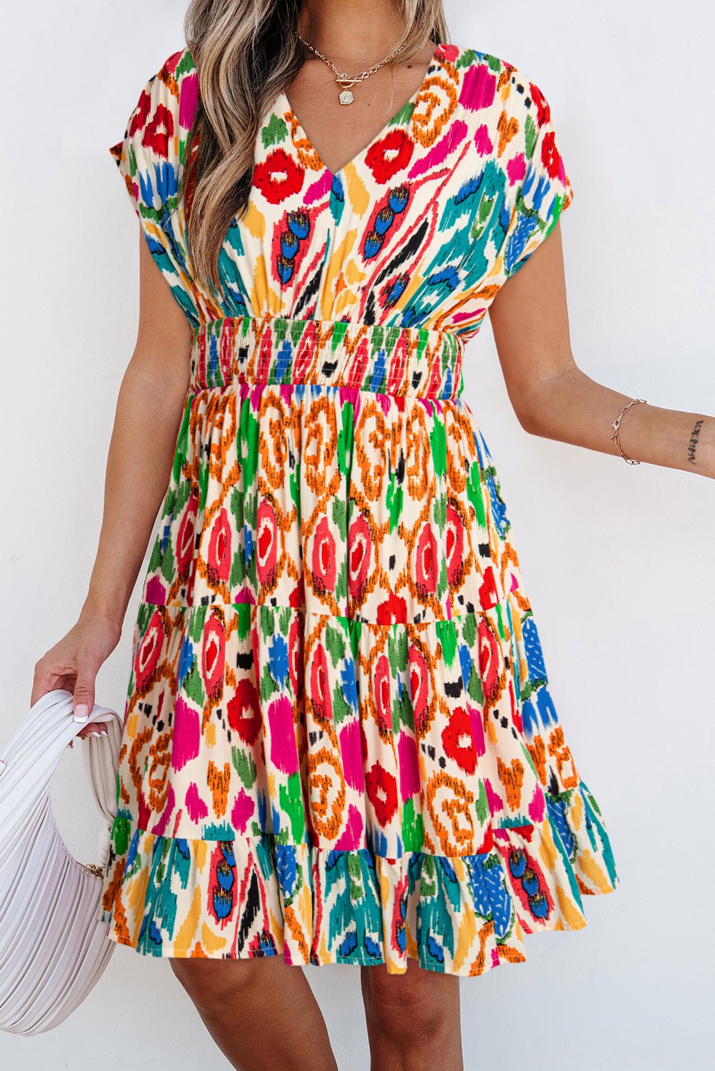 Sky Blue Abstract Print V Neck Dolman Sleeve Ruffle Tiered Mini Dress - MAD RUFFI