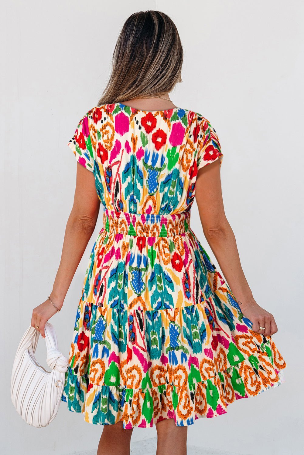 Sky Blue Abstract Print V Neck Dolman Sleeve Ruffle Tiered Mini Dress - MAD RUFFI