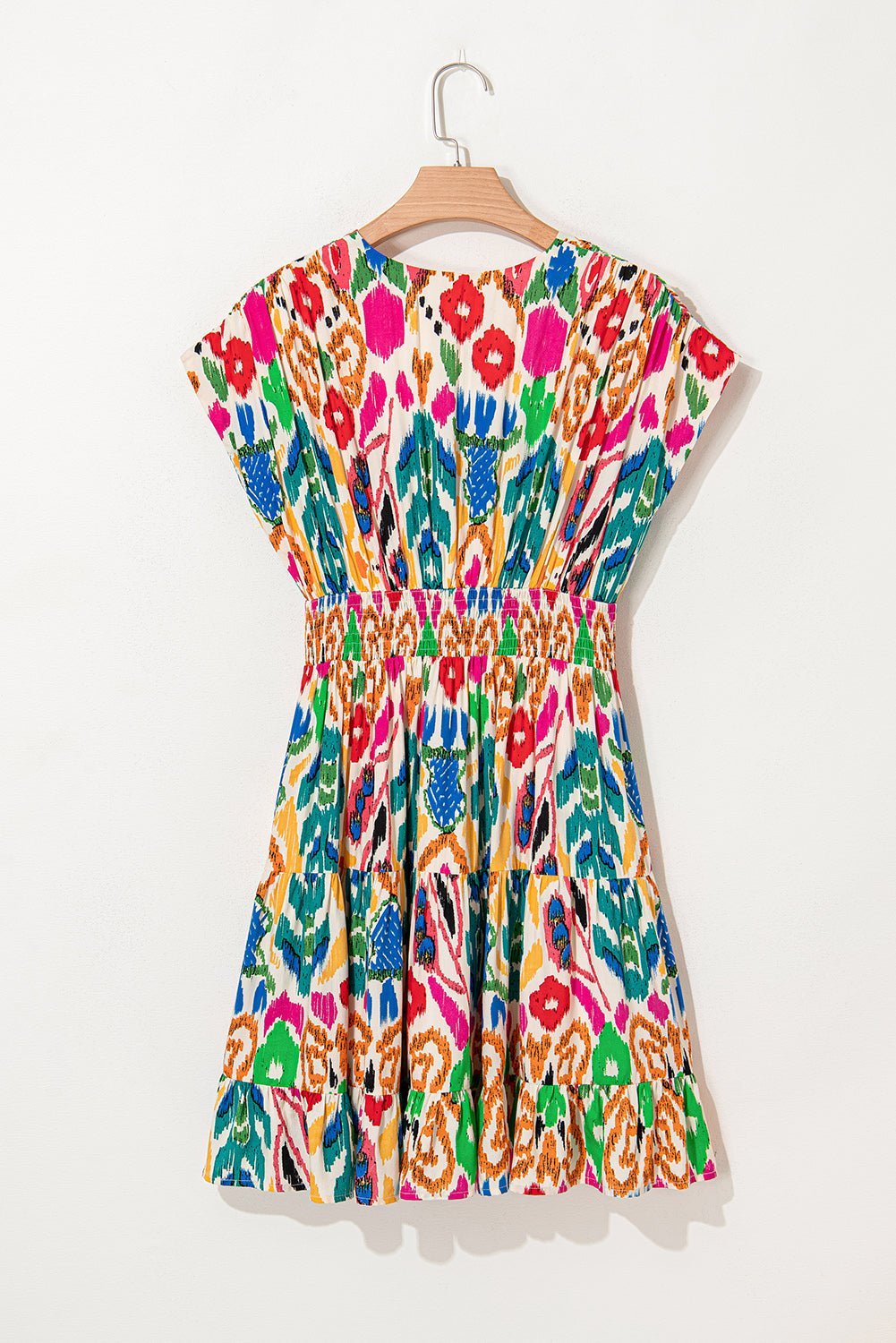 Sky Blue Abstract Print V Neck Dolman Sleeve Ruffle Tiered Mini Dress - MAD RUFFI