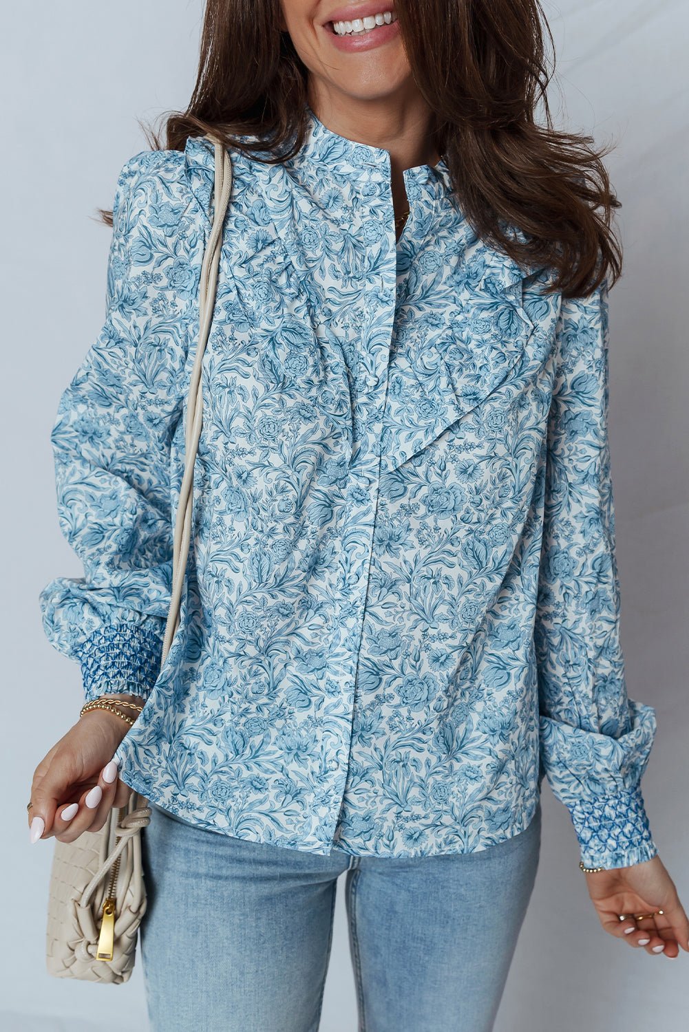 Sky Blue All Over Floral Puff Sleeve Shirt - MAD RUFFI