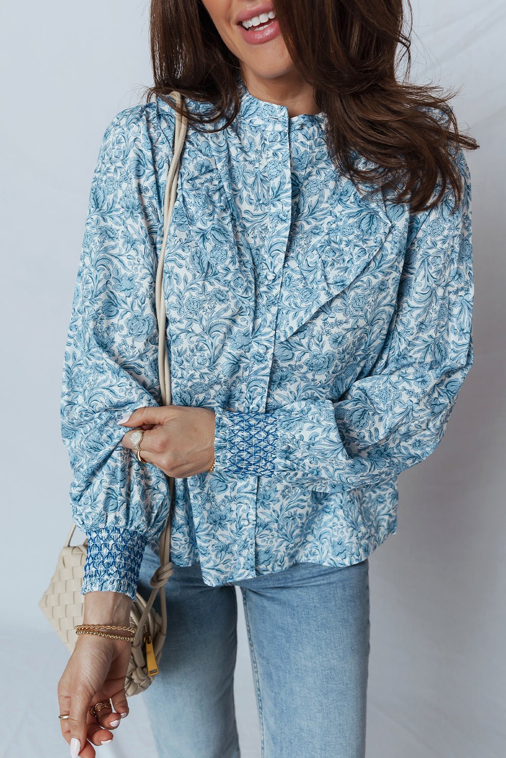 Sky Blue All Over Floral Puff Sleeve Shirt - MAD RUFFI