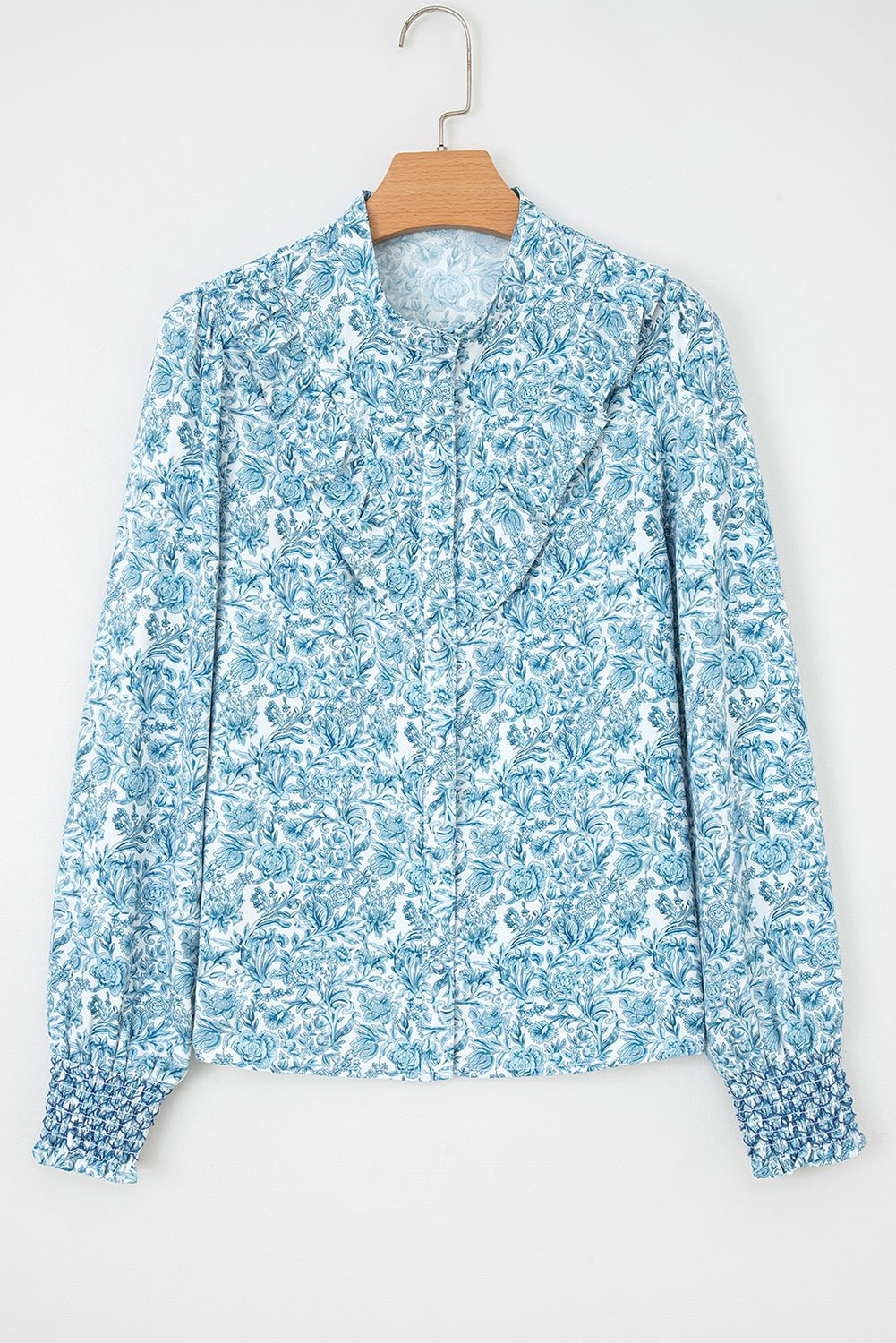 Sky Blue All Over Floral Puff Sleeve Shirt - MAD RUFFI
