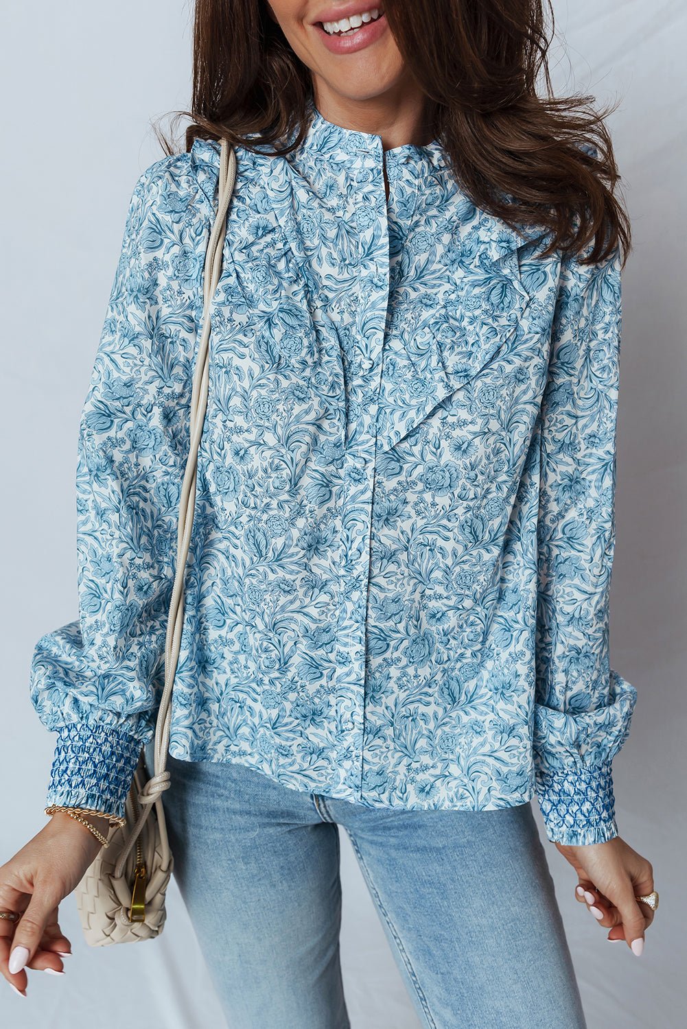 Sky Blue All Over Floral Puff Sleeve Shirt - MAD RUFFI