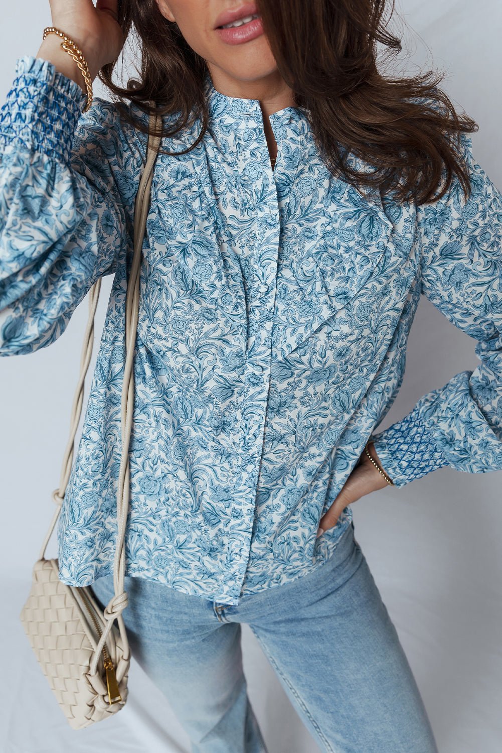Sky Blue All Over Floral Puff Sleeve Shirt - MAD RUFFI