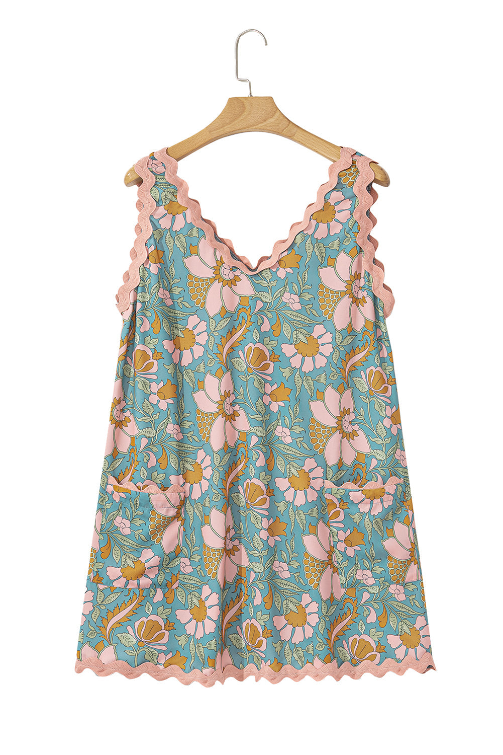 Sky Blue Allover Floral Print Ricrac Sleeveless Boho Mini Dress - MAD RUFFI