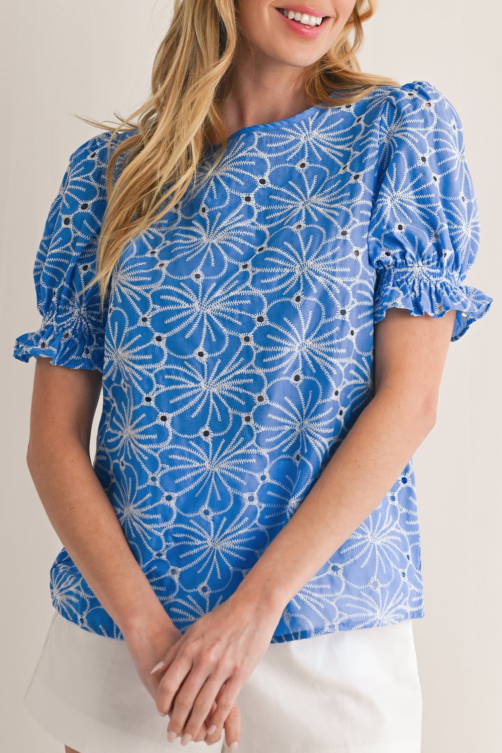 Sky Blue Boho Floral Eyelet Puff Sleeve Blouse - MAD RUFFI