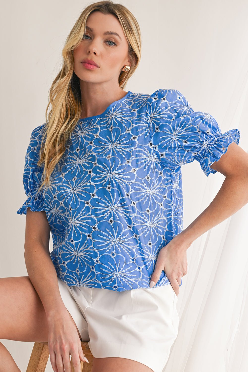 Sky Blue Boho Floral Eyelet Puff Sleeve Blouse - MAD RUFFI