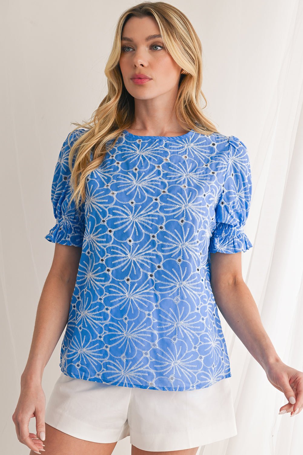 Sky Blue Boho Floral Eyelet Puff Sleeve Blouse - MAD RUFFI