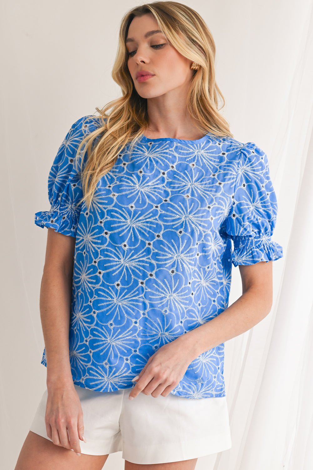 Sky Blue Boho Floral Eyelet Puff Sleeve Blouse - MAD RUFFI