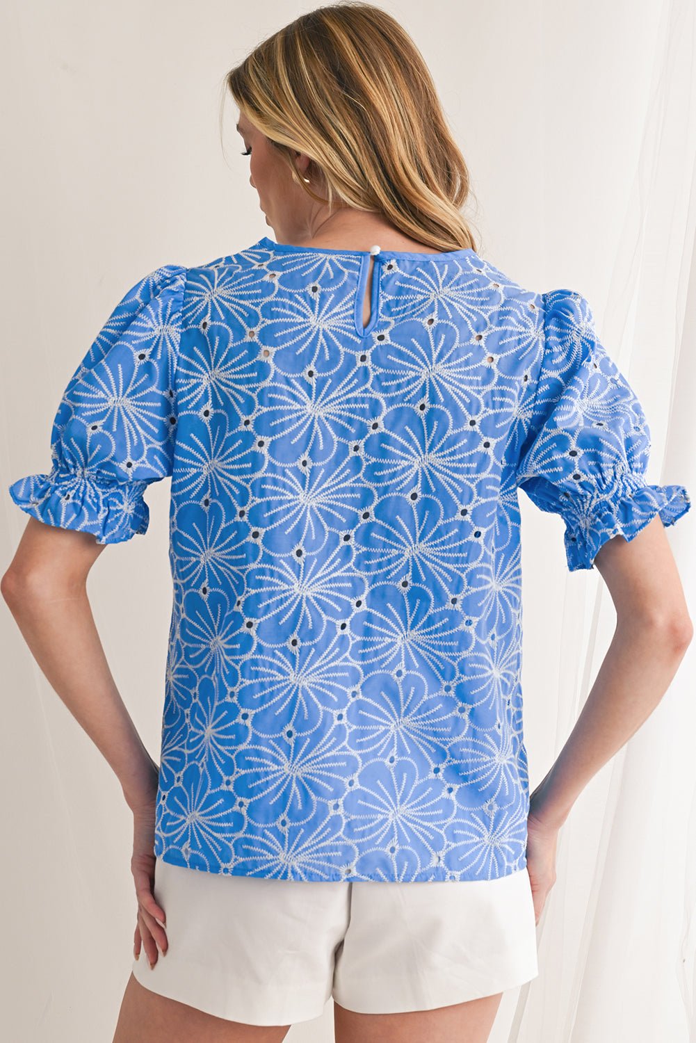 Sky Blue Boho Floral Eyelet Puff Sleeve Blouse - MAD RUFFI