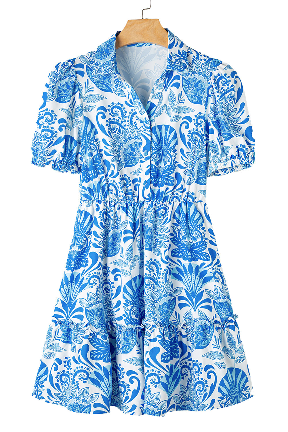 Sky Blue Boho Floral Print Frill Tiered Mini Dress - MAD RUFFI