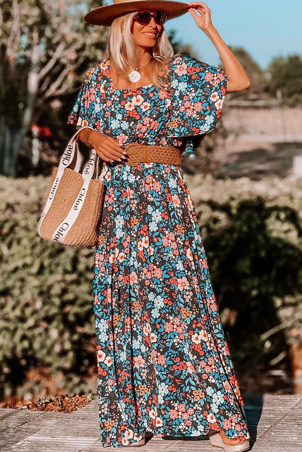 Sky Blue Boho Floral Print Knotted Backless Maxi Dress - MAD RUFFI