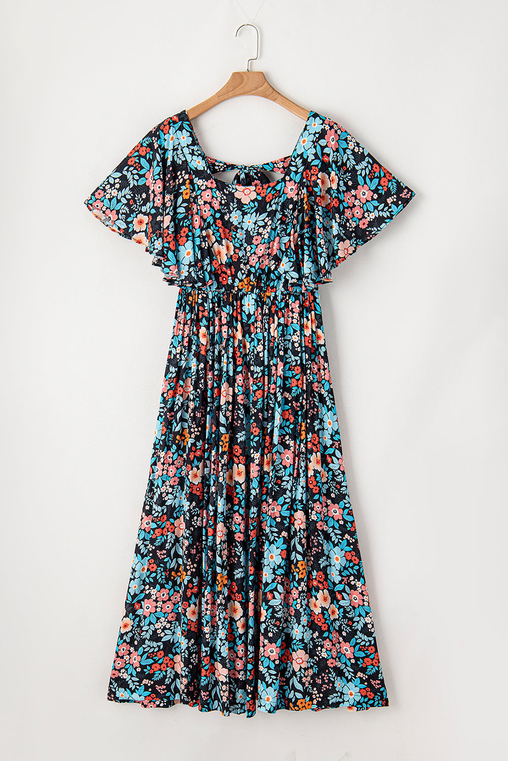 Sky Blue Boho Floral Print Knotted Backless Maxi Dress - MAD RUFFI