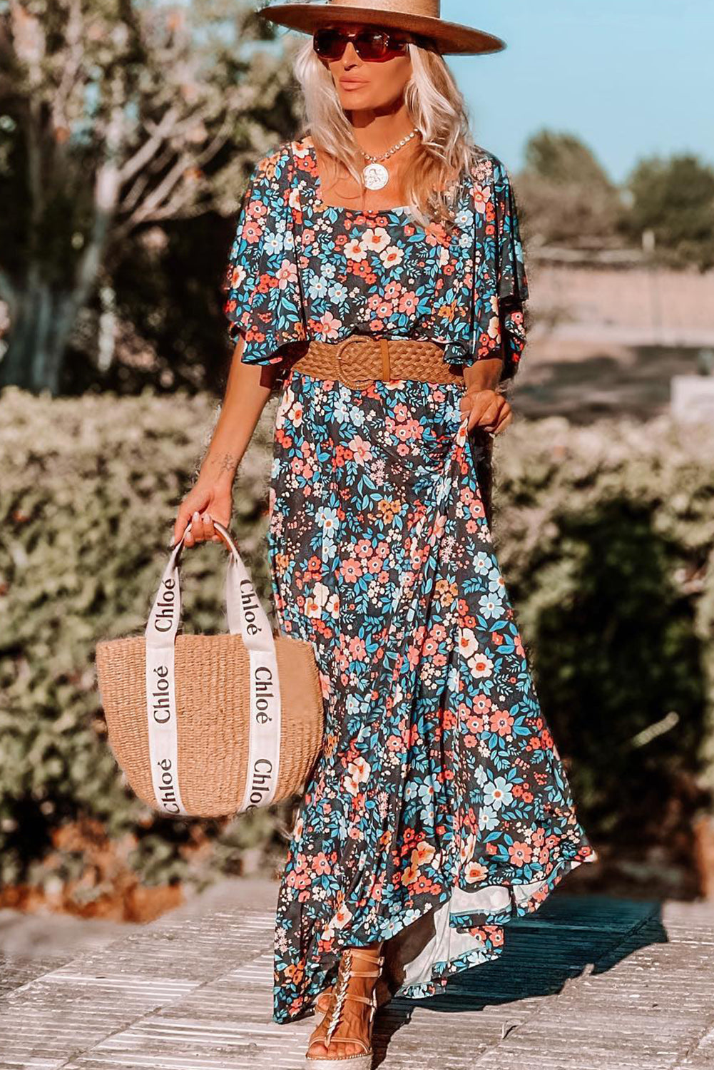 Sky Blue Boho Floral Print Knotted Backless Maxi Dress - MAD RUFFI