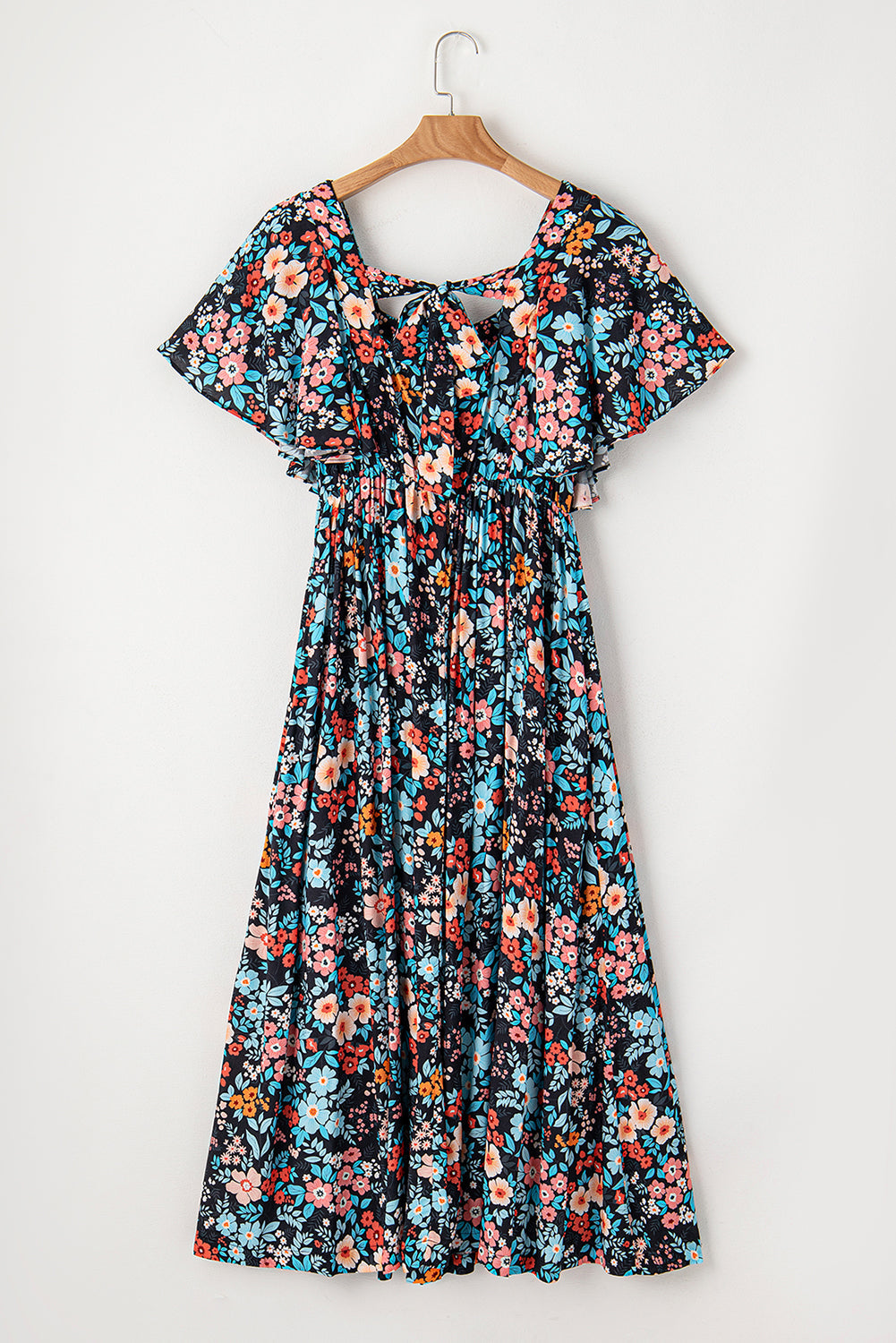 Sky Blue Boho Floral Print Knotted Backless Maxi Dress - MAD RUFFI