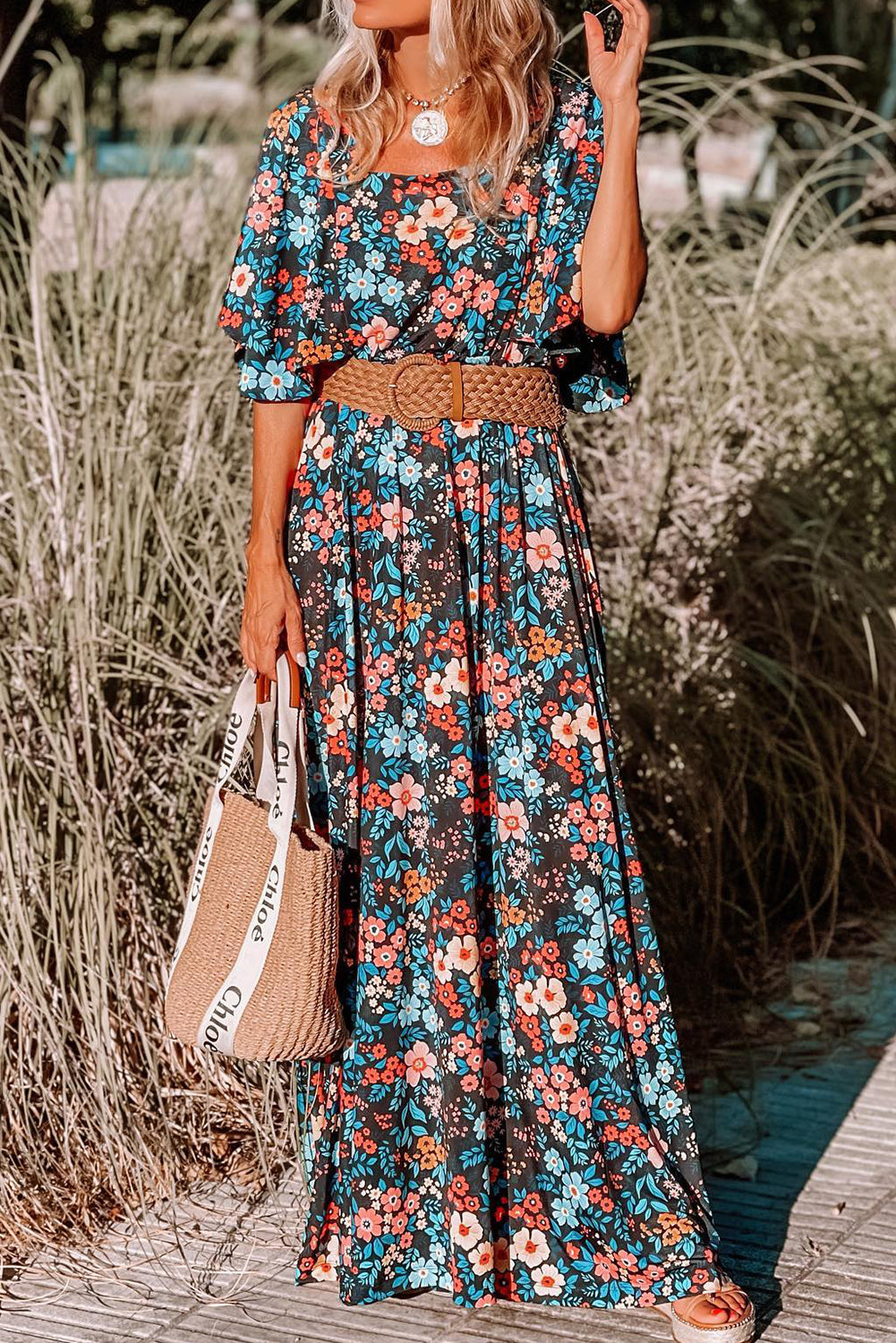 Sky Blue Boho Floral Print Knotted Backless Maxi Dress - MAD RUFFI